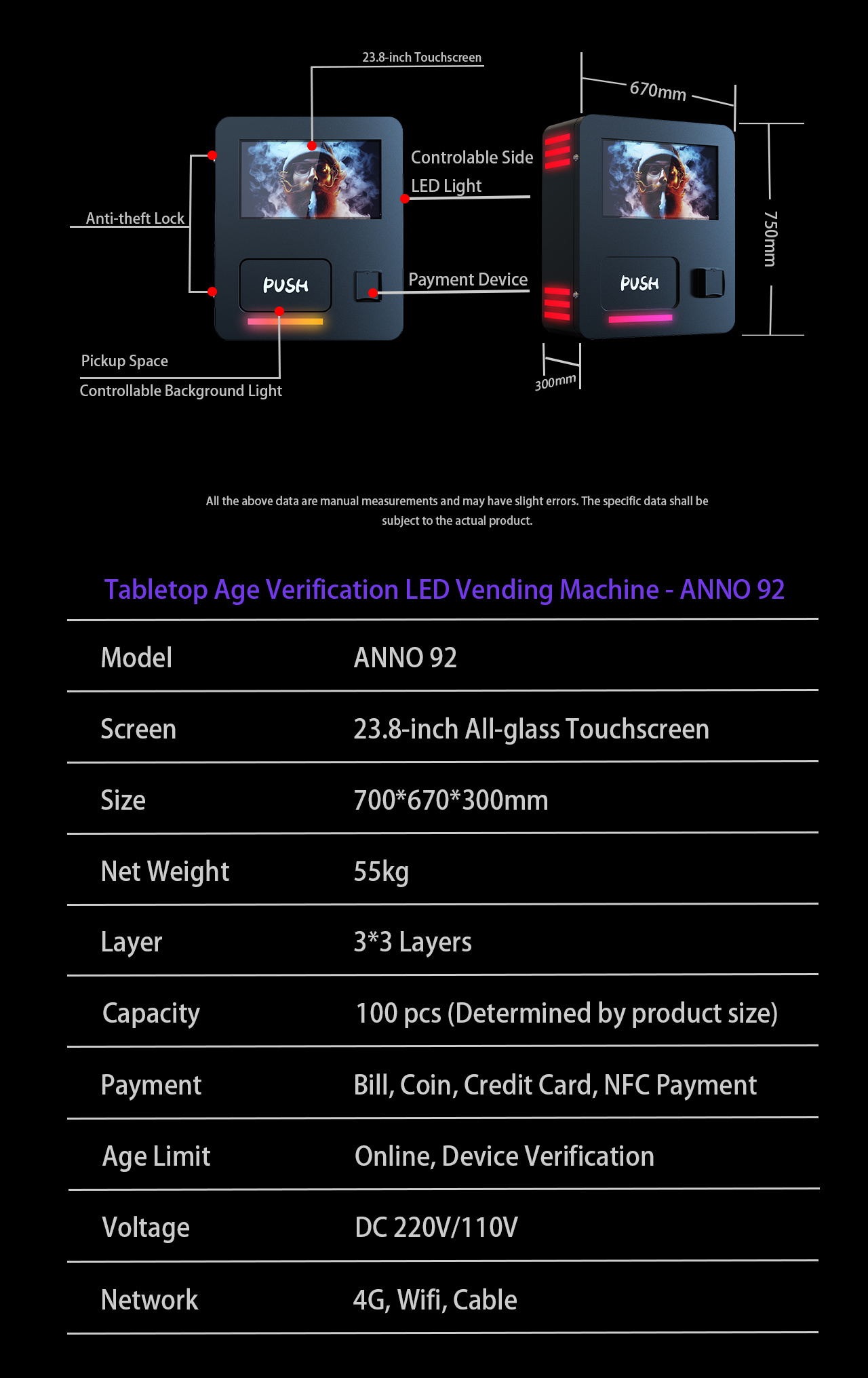 Tabletop Side LED Age Verification Vending Machine - ANNO 92 Plus - Parameter