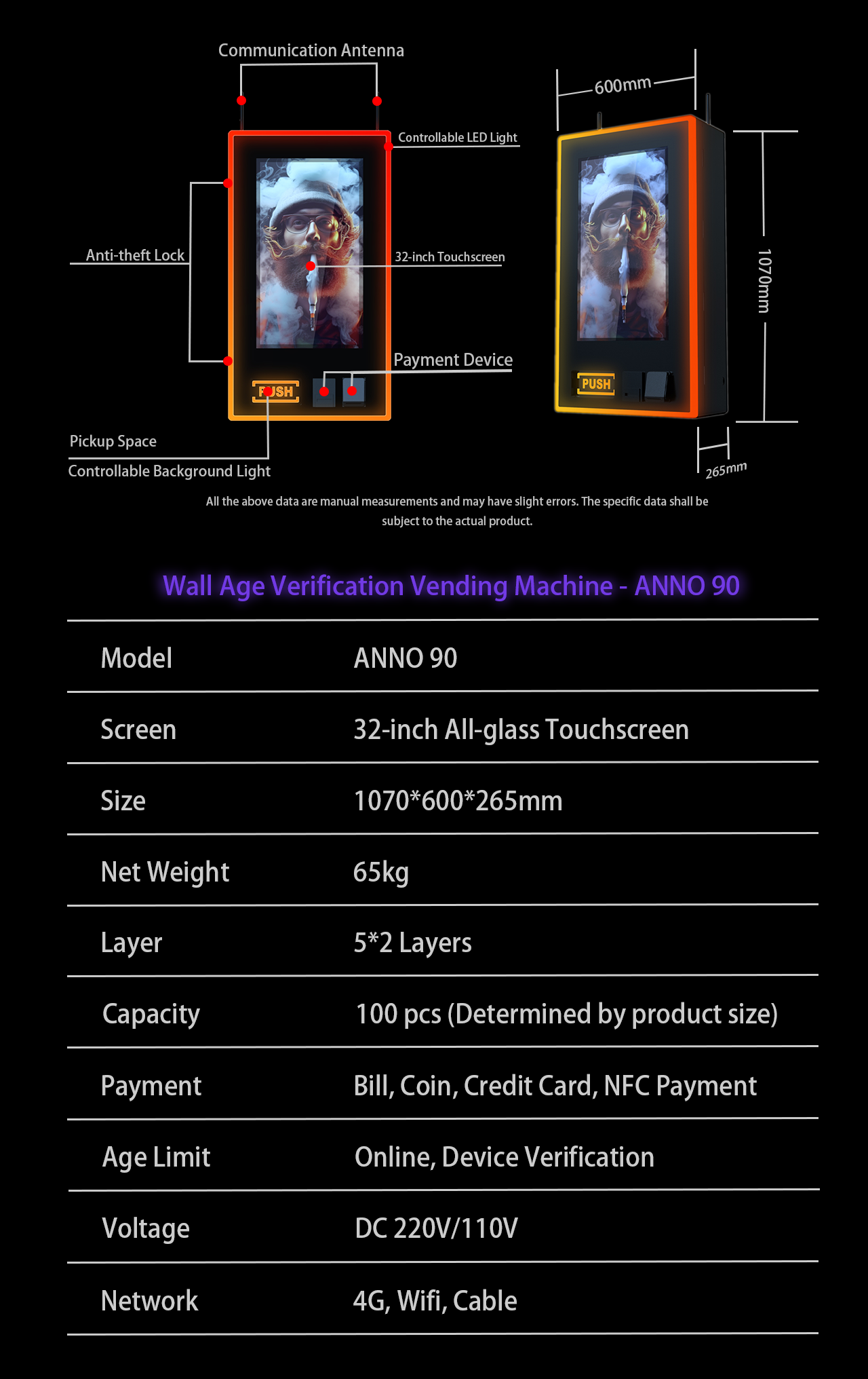 Wall & Tabletop Age Verification LED Vending Machine - ANNO 90 - Parameter